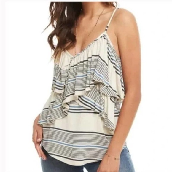 Chaser NWT Cool Jersey Crossover Ruffle Striped Cami Tank Top Cream Size Medium - Picture 1 of 6